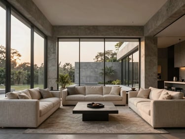 A minimalist luxury villa living room in Sadashivanagar Bangalore, floor-to-ceiling glass walls, raw concrete accents, soft ivory linen sofas