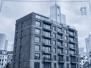 Close-up of architectural blueprints for a residential building overlaid with a Dutch urban skyline, emphasizing complex lines and details, natural overcast daylight, cool blue and slate tones, sharp focus.