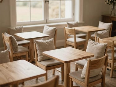 A beautifully styled children's lounge setup with neutral-toned custom child-sized wooden chairs and tables, elegant linen cushions, soft warm window light.