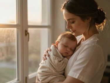 A professional caregiver gently holding a sleeping infant wrapped in a soft neutral-colored blanket, warm golden-hour light.