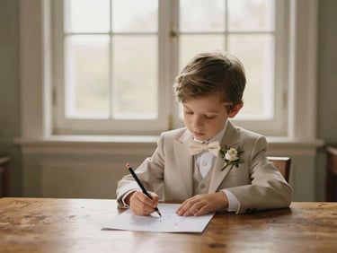 A child in elegant formalwear sitting at a wooden table, drawing with colored pencils on high-quality paper, soft window light.