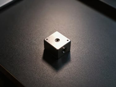Overhead shot of a dark matte desk surface with a single precision-cut metal object placed off-centre, dramatic side-lighting casting a long thin shadow to the right, no text