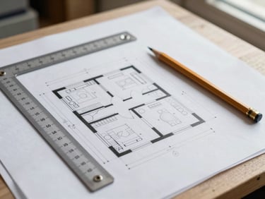 Close overhead shot of architectural floor plan drawings spread on a site table, pencil and scale ruler resting on the paper, soft natural light from a nearby window, no people visible