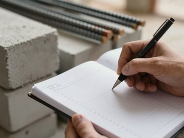 Detail shot of a hand writing quantities in a site estimation notebook, stacked building materials — concrete blocks and rebar — visible in soft focus behind, warm ambient daylight, no faces