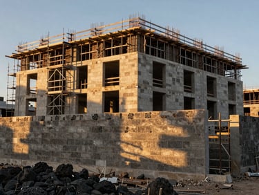 Wide environmental shot of an active construction site in Comoros, a partially built masonry wall in the foreground, scaffolding and volcanic stone visible, golden afternoon light raking across the facade, no workers in frame