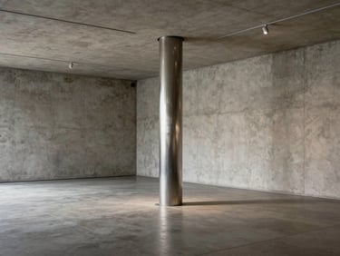 An empty gallery-like concrete space with soft diffused museum-grade lighting, a single brushed steel column off-center.