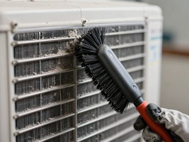 Extreme close-up of an HVAC evaporator coil being cleaned with a soft brush, bright studio light revealing dust buildup and metal fins, technician's gloved hand in frame