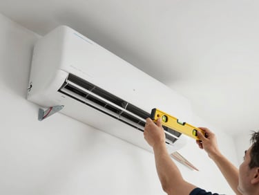 Overhead view of a wall-mounted split air conditioning indoor unit being installed, brackets and wiring visible, bright even lighting, hands holding a level tool against the mounting plate