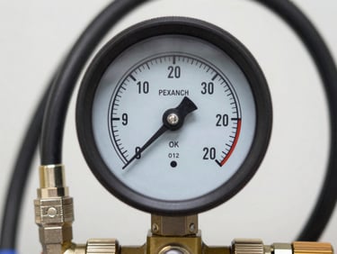 Extreme close-up of a digital manifold gauge display showing pressure readings, refrigerant hoses connected, clean white background, sharp technical lighting