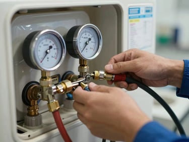 Close-up of a technician's hands connecting manifold gauges to an HVAC service port, pressure dials clearly visible, bright workshop lighting, refrigerant hoses in the foreground