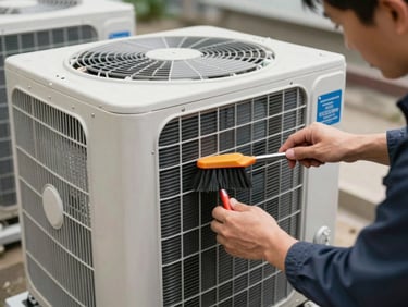 Wide shot of an HVAC outdoor condenser unit being inspected, technician's hands visible checking coil fins with a brush tool, clean daylight, equipment fills the frame