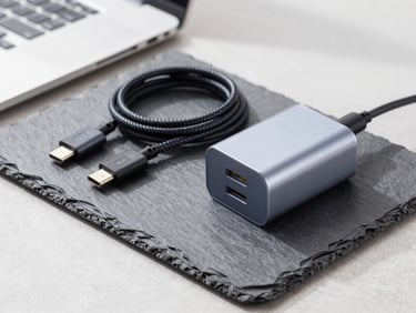 Premium braided USB-C cables and a compact multi-port fast charger arranged on a slate surface, neutral office lighting.