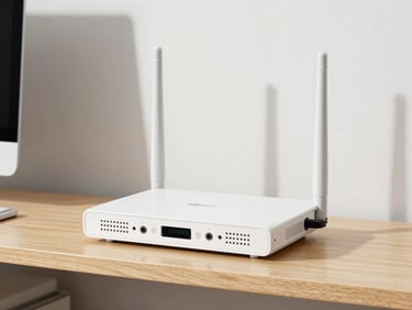 A high-performance dual-band Wi-Fi router with antennas up, sitting on a wooden shelf, bright natural light.