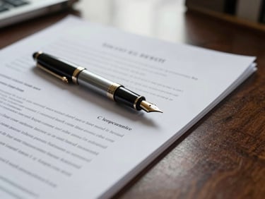 Close-up of structured legal documents and a classic fountain pen resting on a dark walnut desk, soft daylight filtering through office windows, shallow depth of field.
