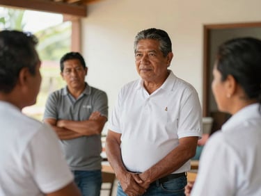 Dignified environmental portrait of Colombian community leaders collaborating in a bright, naturally lit workshop, warm organic tones, documentary style, shallow depth of field