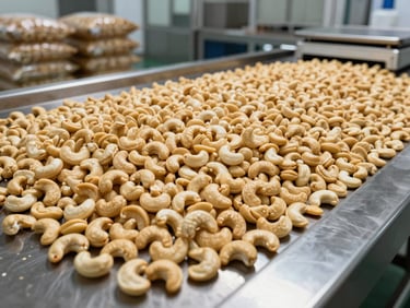 Wide-angle shot of export-grade cashew nuts spread across a stainless inspection table in a processing facility, overhead warehouse lighting, uniform pale-gold color, bags and scales visible in background