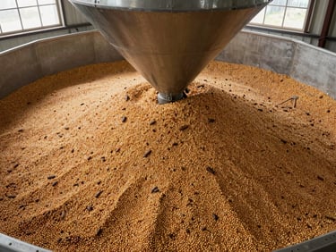 Tight overhead view of soybeans and corn kernels in separate compartments of a bulk grain hopper inside a processing facility, natural light from high industrial windows, texture and color contrast between commodities