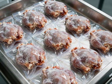 Close-up overhead shot of vacuum-sealed frozen chicken portions arranged in rows on a stainless steel processing surface under bright facility lighting, condensation visible on the plastic sealing, industrial setting