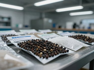 Tight shot of black peppercorns and sugar in industrial packaging on a warehouse sorting table, cool overhead fluorescent light, paper spec label visible at edge of frame