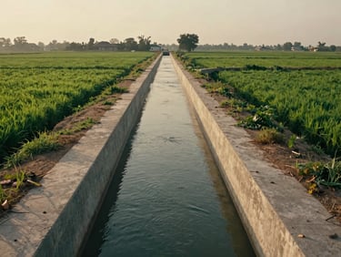 Cinematic wide shot of a modern concrete-lined irrigation canal flowing through vibrant green fields in rural Punjab, Pakistan, soft morning light.
