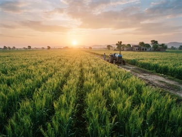 Cinematic wide shot of lush green wheat fields in Chichawatni, Punjab, Pakistan, at golden hour sunrise, a modern tractor parked in the distance, warm morning light, medium format film.