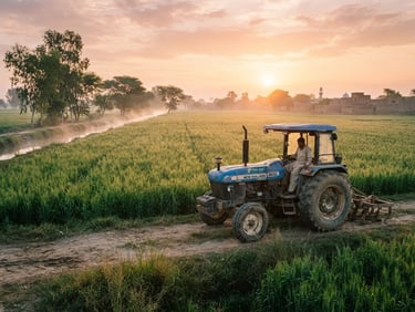 Cinematic editorial photography of a modern tractor parked beside a lush green wheat field in Chichawatni, Punjab, Pakistan. Warm golden hour sunrise lighting, soft mist rising from irrigation canals, medium format film, highly detailed, authentic Pakistani rural landscape.