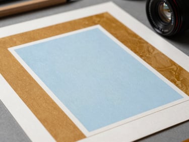 A layered collage of physical design artifacts, offset borders, and hand-painted color swatches in amber and pale sky blue resting on a studio worktable.