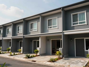 Wide daylight exterior of a completed compact townhouse row in Depok, uniform charcoal-gray facades with recessed entry porches, landscaped front verge, midday natural light