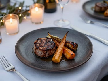 Overhead view of a plated main course at an outdoor evening event—seared filet and roasted root vegetables on a dark ceramic plate, candlelight and warm string lights blurred behind, white linen tablescape