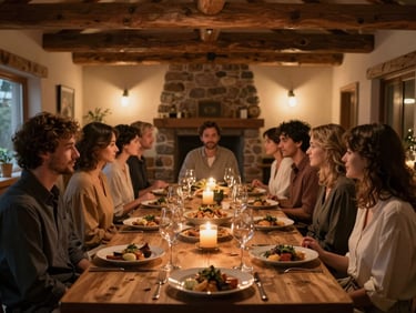 Intimate private dinner party table set for twelve in a warmly lit lodge interior, rustic wooden beams overhead, candlelit centerpieces, wine glasses and plated courses ready, tungsten warmth