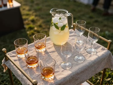 Overhead shot of a drinks station at a golden-hour outdoor event—amber whiskey tumblers, a pitcher of iced herbed lemonade, and wine glasses on a linen-covered bar cart, warm dusk light, greenery in the background