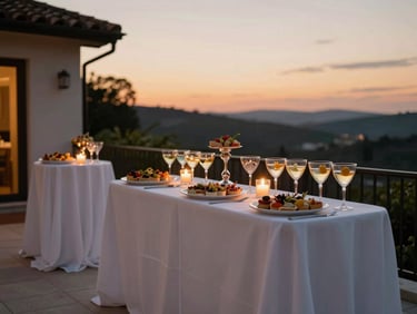 Elegant cocktail reception setup at a private home terrace at golden hour, white-draped high-top tables with passed appetizer trays, warm dusk sky behind, soft candlelight on glassware