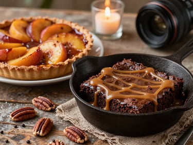 Close-up of a rustic dessert station at dusk—cast-iron skillet brownie with caramel drizzle, whiskey-glazed peach tart, and a small smoked pecan tray arranged on weathered wood, warm candlelight