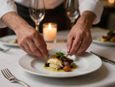 Close-up of a chef's hands arranging a plated first course on a linen-draped wedding table, candlelight glowing softly, glassware in soft focus behind, warm tungsten light