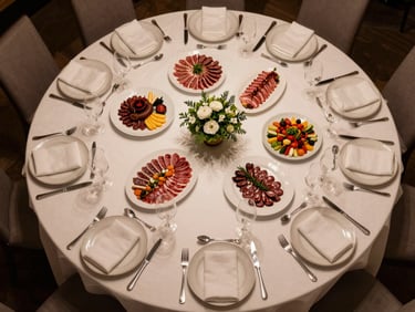 Wide overhead shot of a fully dressed corporate luncheon table with elegant place settings, centerpieces, and smoked protein platters at warm indoor tungsten light