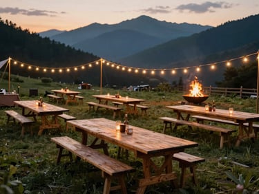 Open-air outdoor event setup at dusk, long wooden tables under string lights in a mountain meadow, fire pit glowing in the background, warm amber and green landscape tones