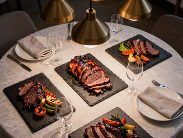 Close overhead shot of a fully dressed corporate event dinner table, slate serving boards with smoked brisket and grilled vegetables under warm tungsten pendant lights, linen napkins and polished glassware, no people, editorial table composition
