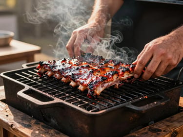 Hands placing a rack of smoked ribs onto a heavy cast-iron grill grate, smoke rising in the late afternoon golden light, rough wood surface of the prep station visible