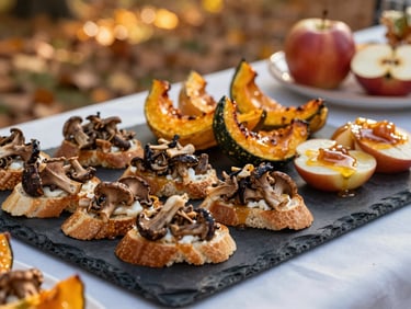 Detail shot of a seasonal harvest table setting at an autumn outdoor event—wild mushroom crostini, roasted squash wedges, and a smoked apple glaze dish on a slate board, dusk golden light, fallen leaves blurred behind