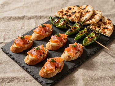 Overhead shot of a dressed slate board with bite-sized appetizers—smoked salmon crostini, fire-blistered shishito skewers, and charred flatbreads—warm tungsten light casting short shadows, rustic linen beneath
