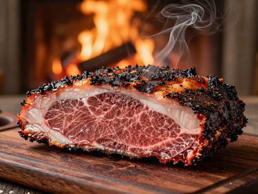 Close-up of a carved smoked brisket flat on a dark wood cutting board, deep smoke ring visible in cross-section, glowing embers blurred in the background, warm amber firelight, smoke wisps rising