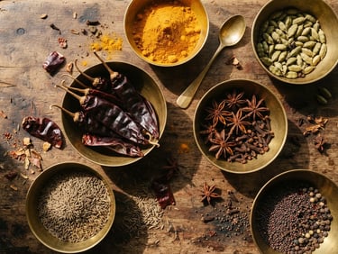 Macro overhead flat-lay of vibrant raw spices in brass bowls under warm morning sunlight, deep shadows, 35mm editorial photography.