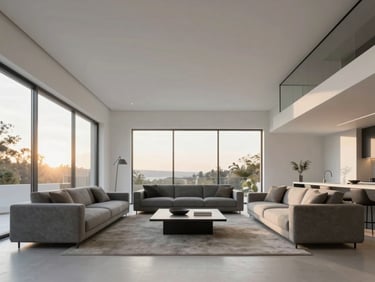 Interior view of a spacious modern living room with large windows, minimalist furniture, and clean white walls.