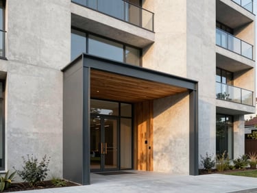 Modern apartment building entrance with sleek concrete walls, warm wooden accents, and sharp anthracite steel frames.
