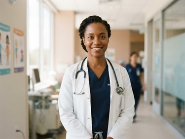 Dignified portrait of a professional female medical worker in a clean modern clinic, bright natural daylight, optimistic atmosphere, 35mm photography