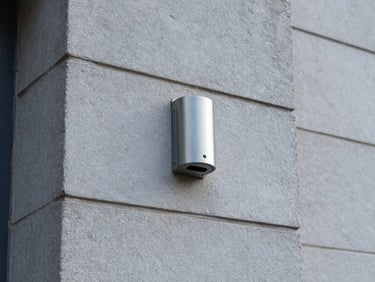 Historic stone wall detail with a discreetly integrated security sensor, soft natural lighting.