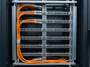 Symmetrical view of a corporate server rack, flawless orange and slate cabling, technical detail.