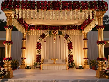 Wide environmental shot of a grand traditional South Indian wedding stage, lush floral arches of fresh jasmine and red roses, golden pillars, warm luxury lighting, 35mm.