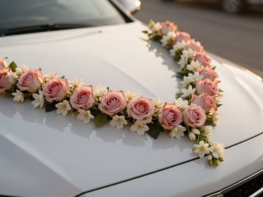 Close-up of a luxury white bridal car decorated with delicate rose pink and white floral garlands, fresh jasmine, soft golden hour daylight, shallow depth of field.