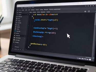 Close-up of a laptop screen showing JavaScript code in a dark editor, cursor blinking mid-function, a game loop variable highlighted in electric blue, natural desk light from the left